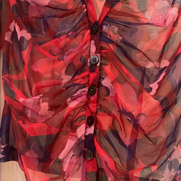 Maeve Anthropologie Sheer Ruched Buttondown Floral Blouse in Multicolor L - Picture 3 of 5